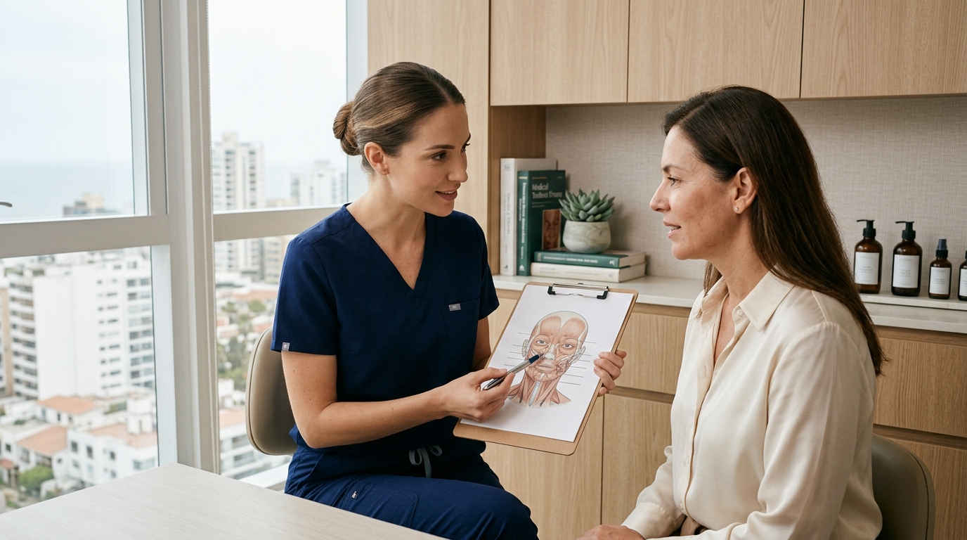 Consulta médica y diagnóstico de vectores faciales para lifting en Clínica Estética Maryol